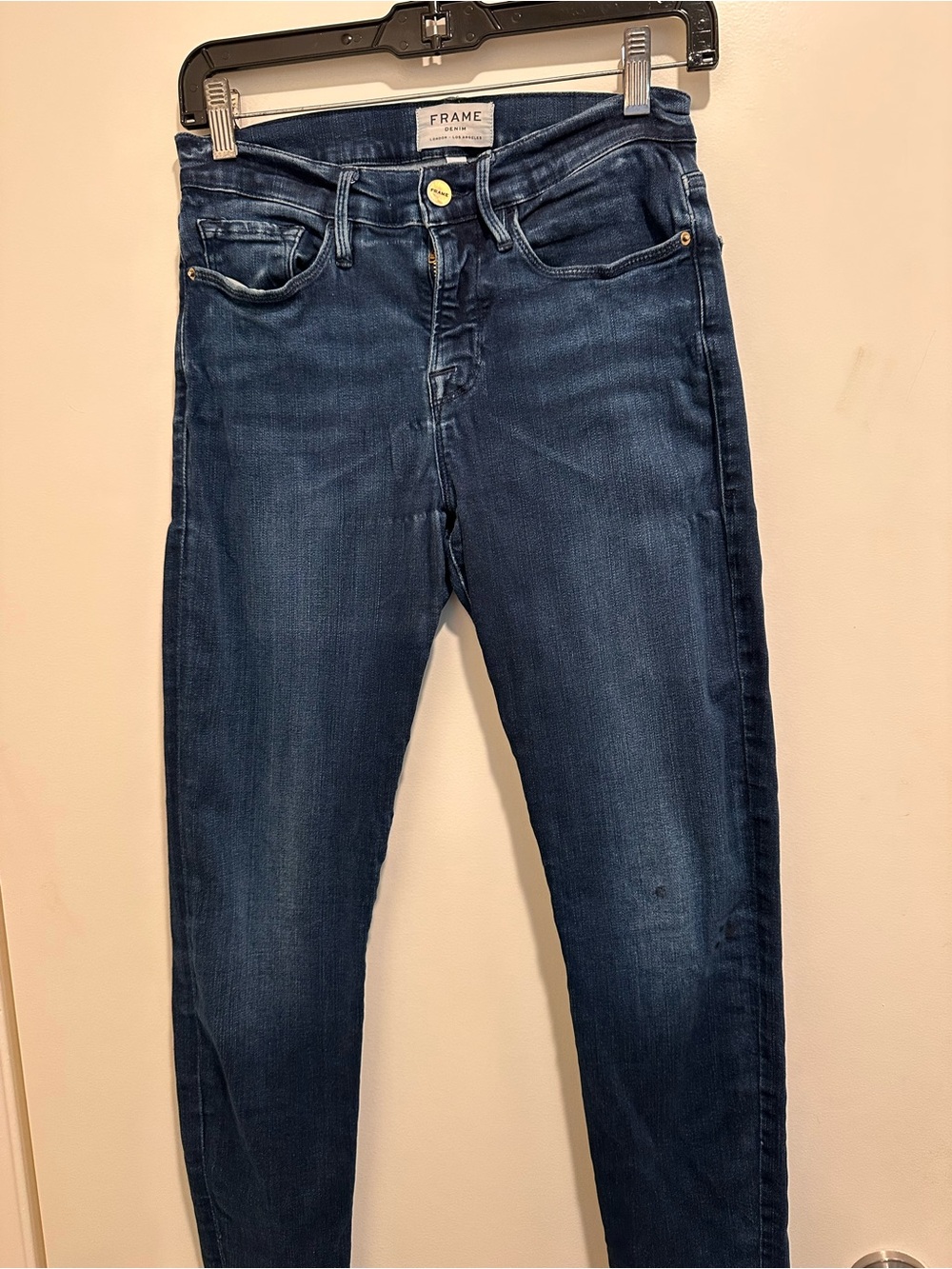 Frame Denim Indigo Jeans with Gold Hardware